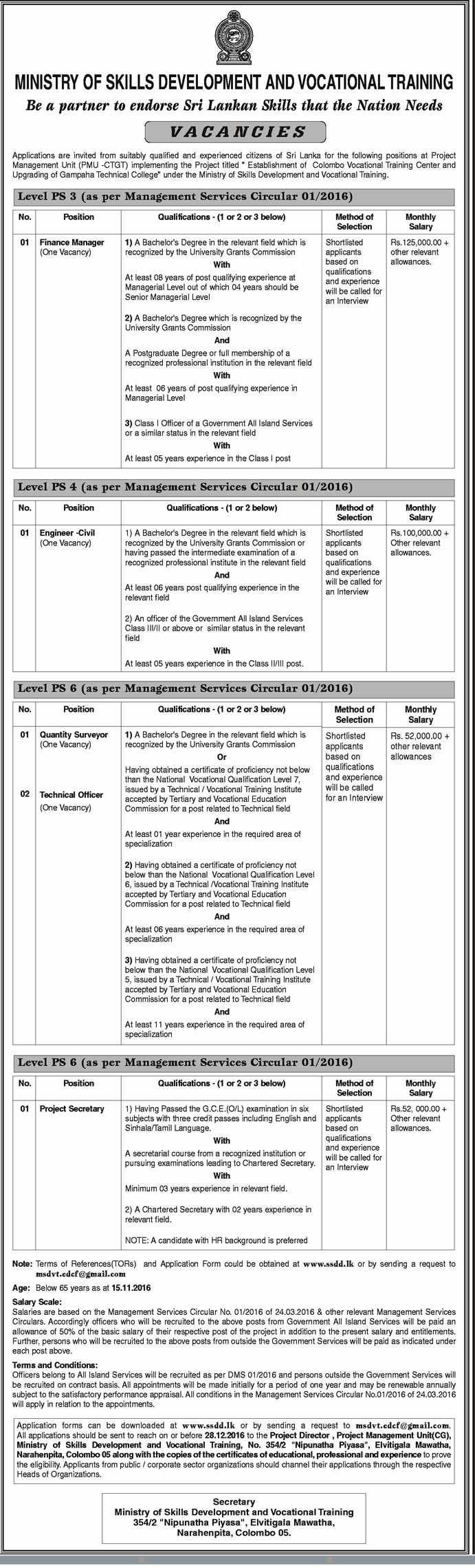 Finance Manager, Engineer (Civil), Quantity Surveyor, Technical Officer, Project Secretary - Ministry of Skills Development & Vocational Training	